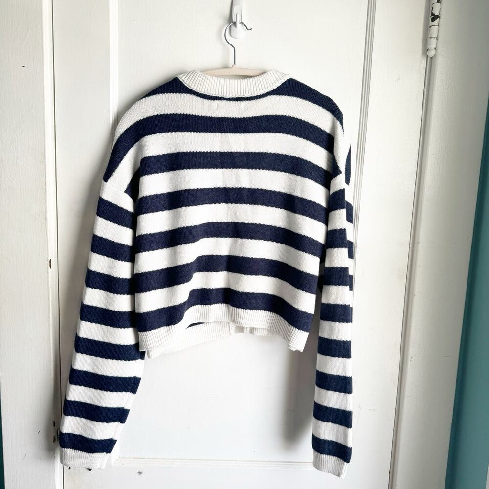 American Eagle Navy Striped Cropped Crewneck Cardigan NWT XL Preppy Nautical - Picture 15 of 15
